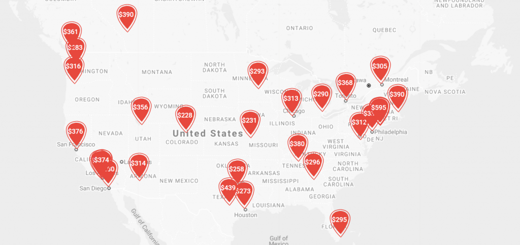 Upsuite Map of Average Cost Per Seat for Coworking