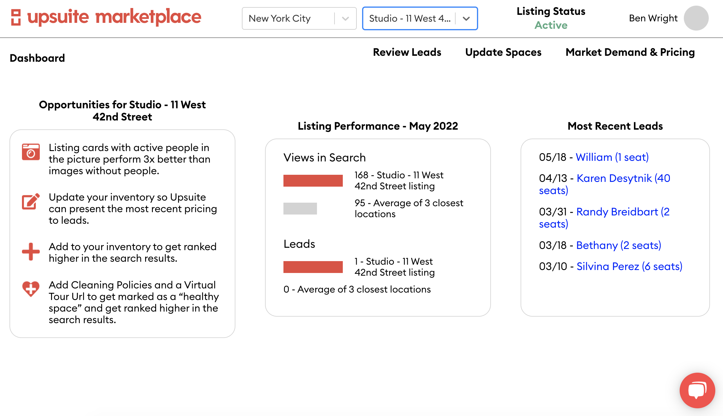 The Upsuite marketplace dashboard