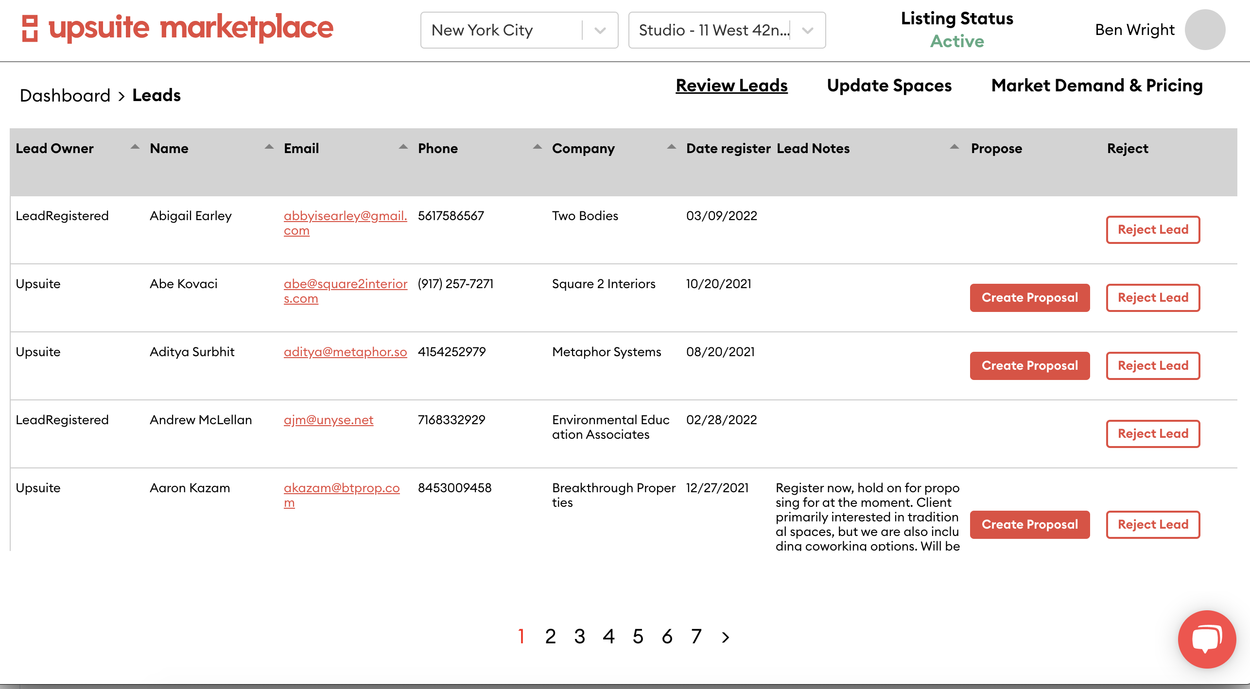 Upsuite marketplace leads screen
